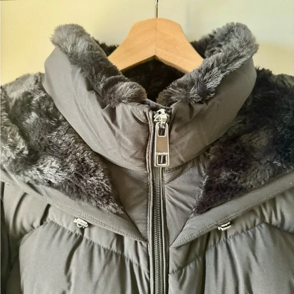 Calvin Klein Black Faux Fur Puffer Coat - Picture 3 of 5